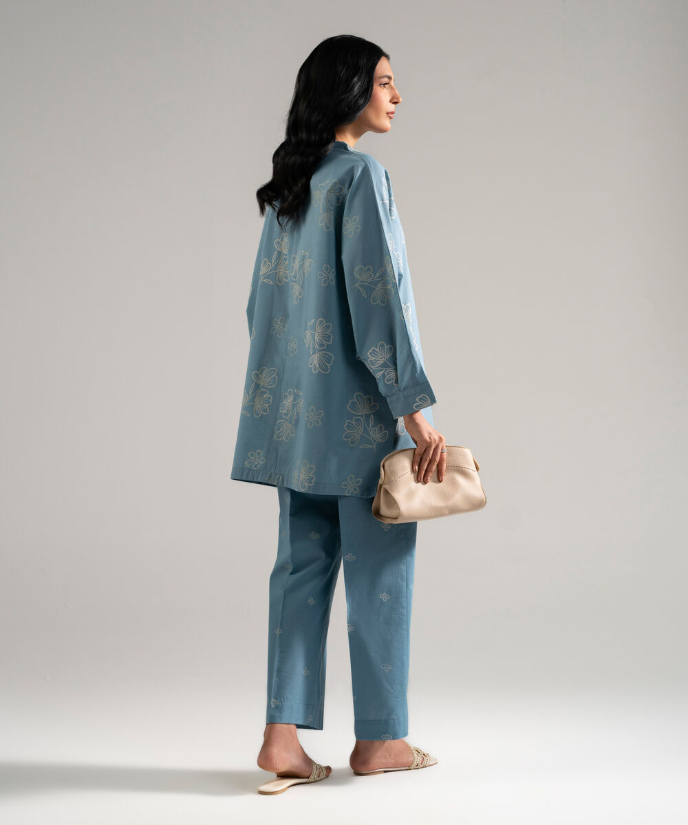 Women's RTW Slub Lawn Printed Blue 2 Piece Suit