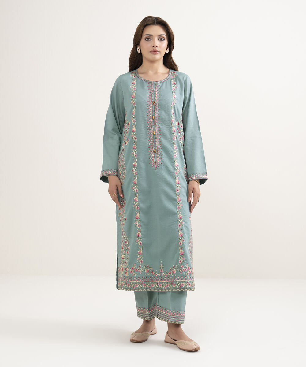 Women's RTW Dobby Embroidered Sage Green A-Line Shirt