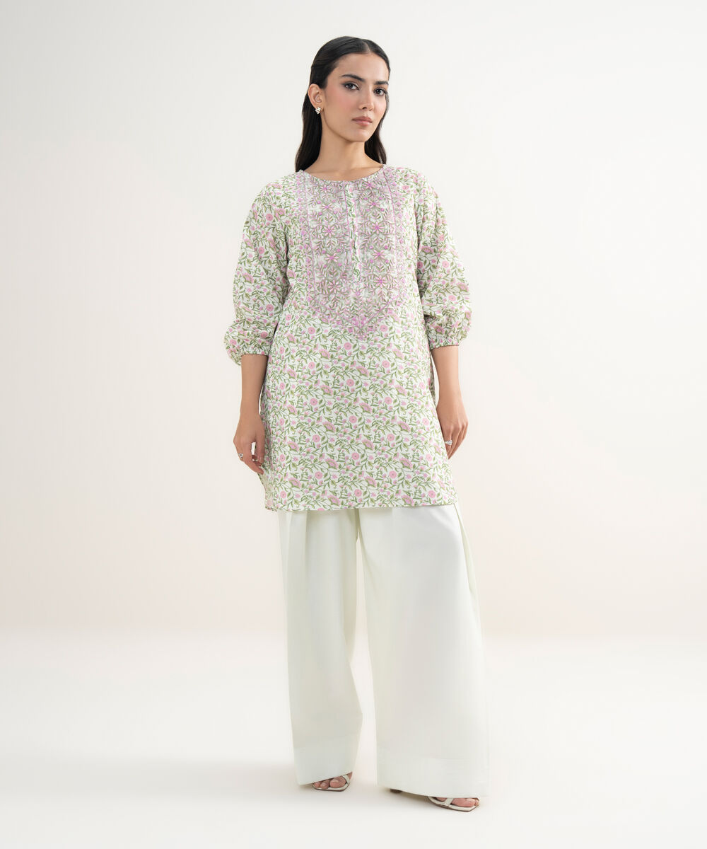 Women's RTW Slub Lawn Embroidered Mint Green Straight Shirt