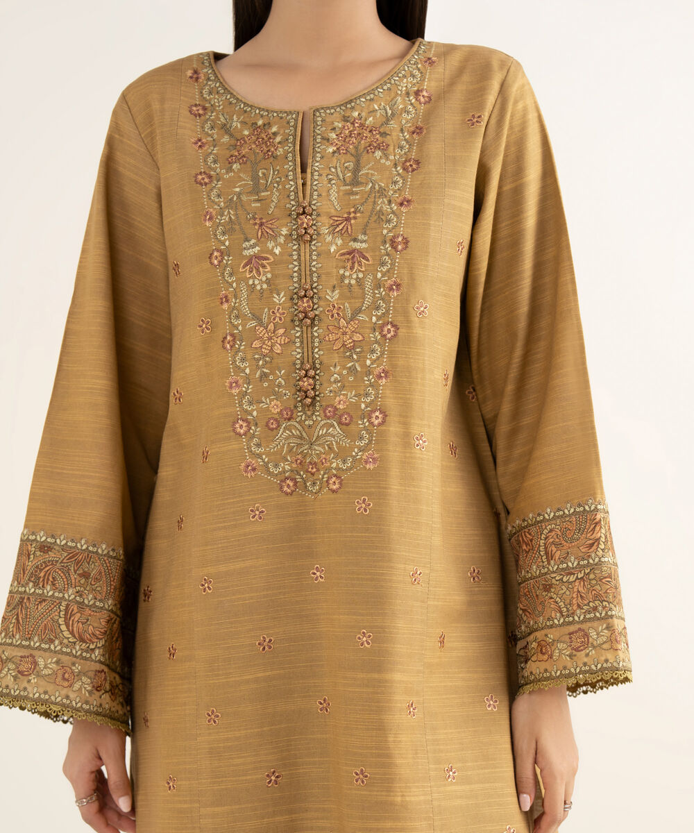 Women's Unstitched Light Khaddar Embroidered Brown 3 Piece Suit