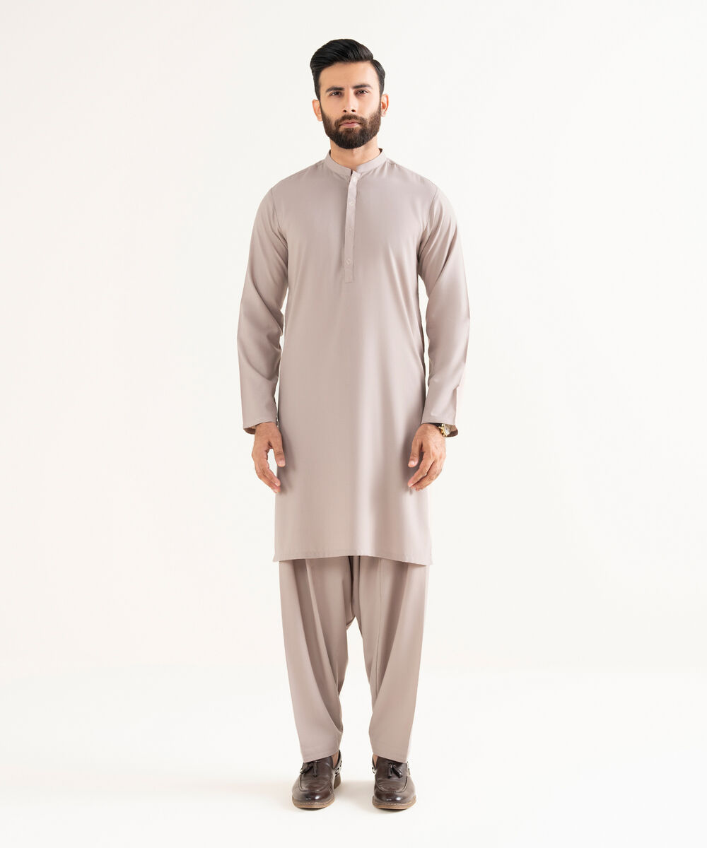 Men's Textured Wash & Wear Embroidered Mauve Kurta Shalwar