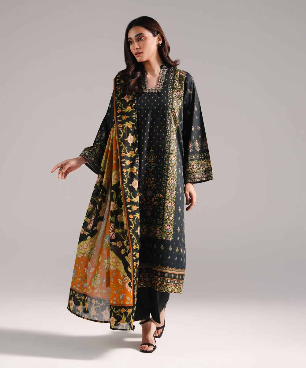 Women's RTW Lawn Printed Black 3 Piece Suit