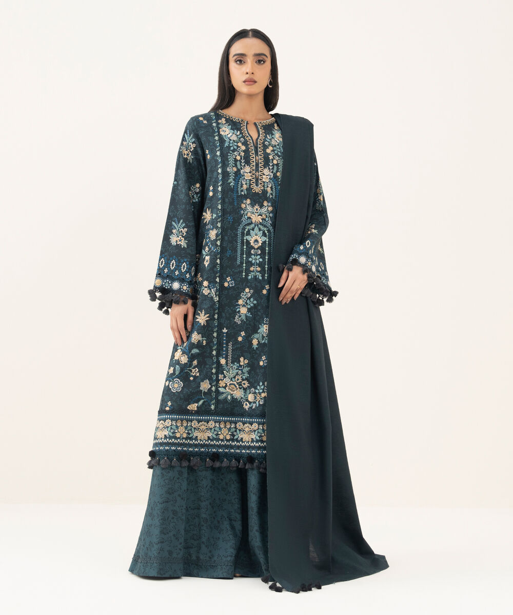 Women's Unstitched Embroidered Twill Teal Green 3 Piece Suit