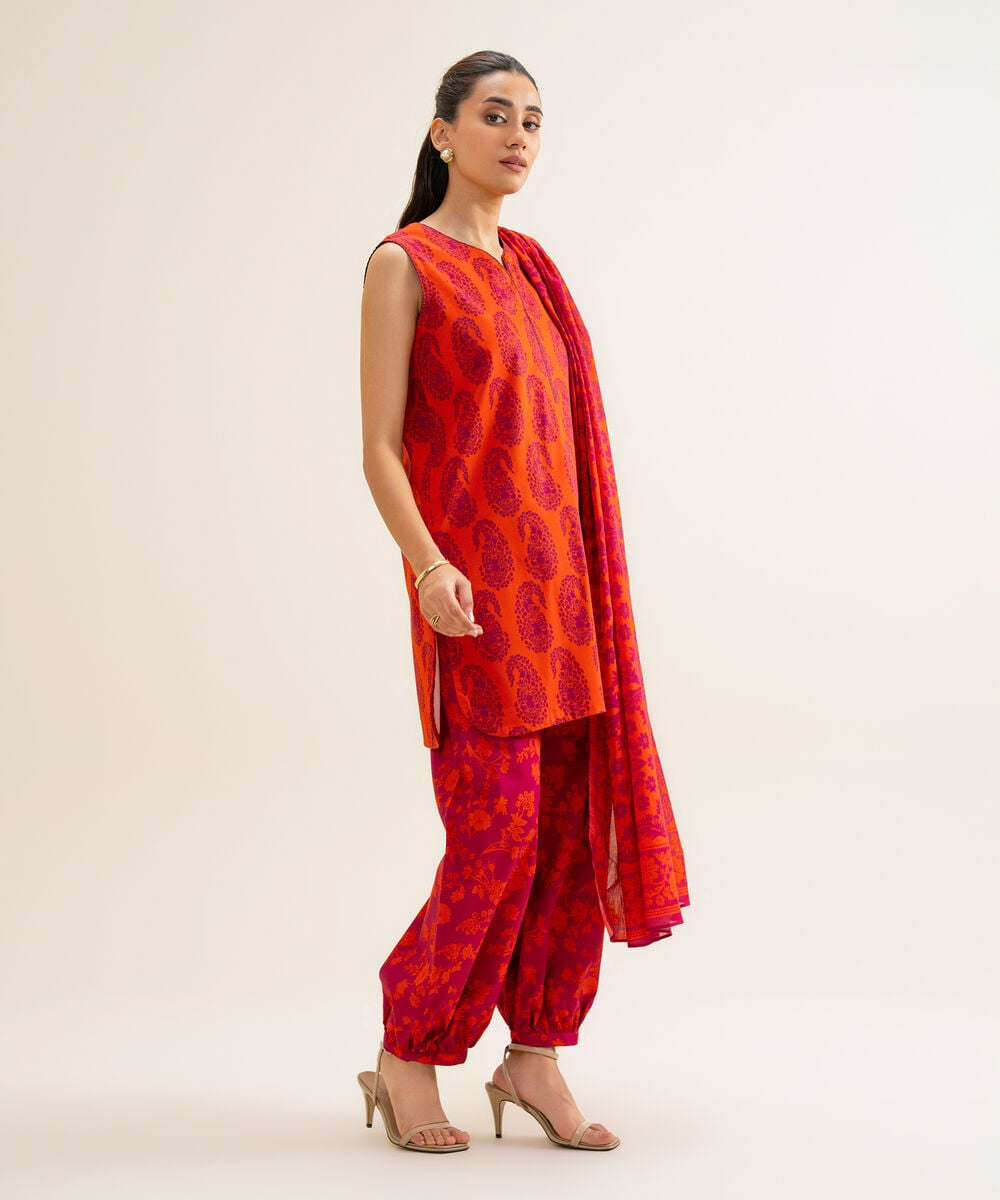 Women's Unstitched Cotton Viscose Printed Orange 3 Piece Suit