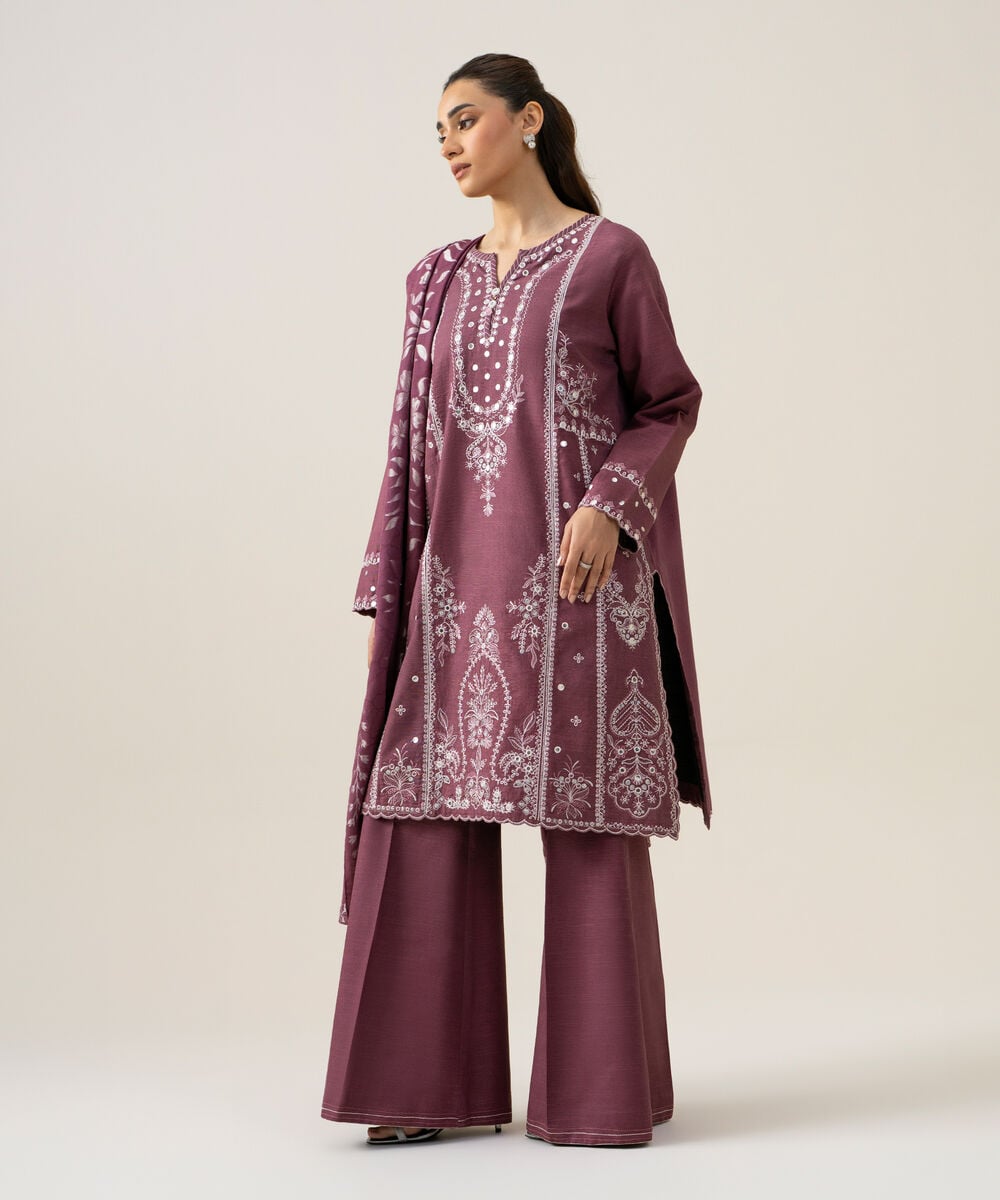 Women's Unstitched Light Khaddar Embroidered Purple 3 Piece Suit