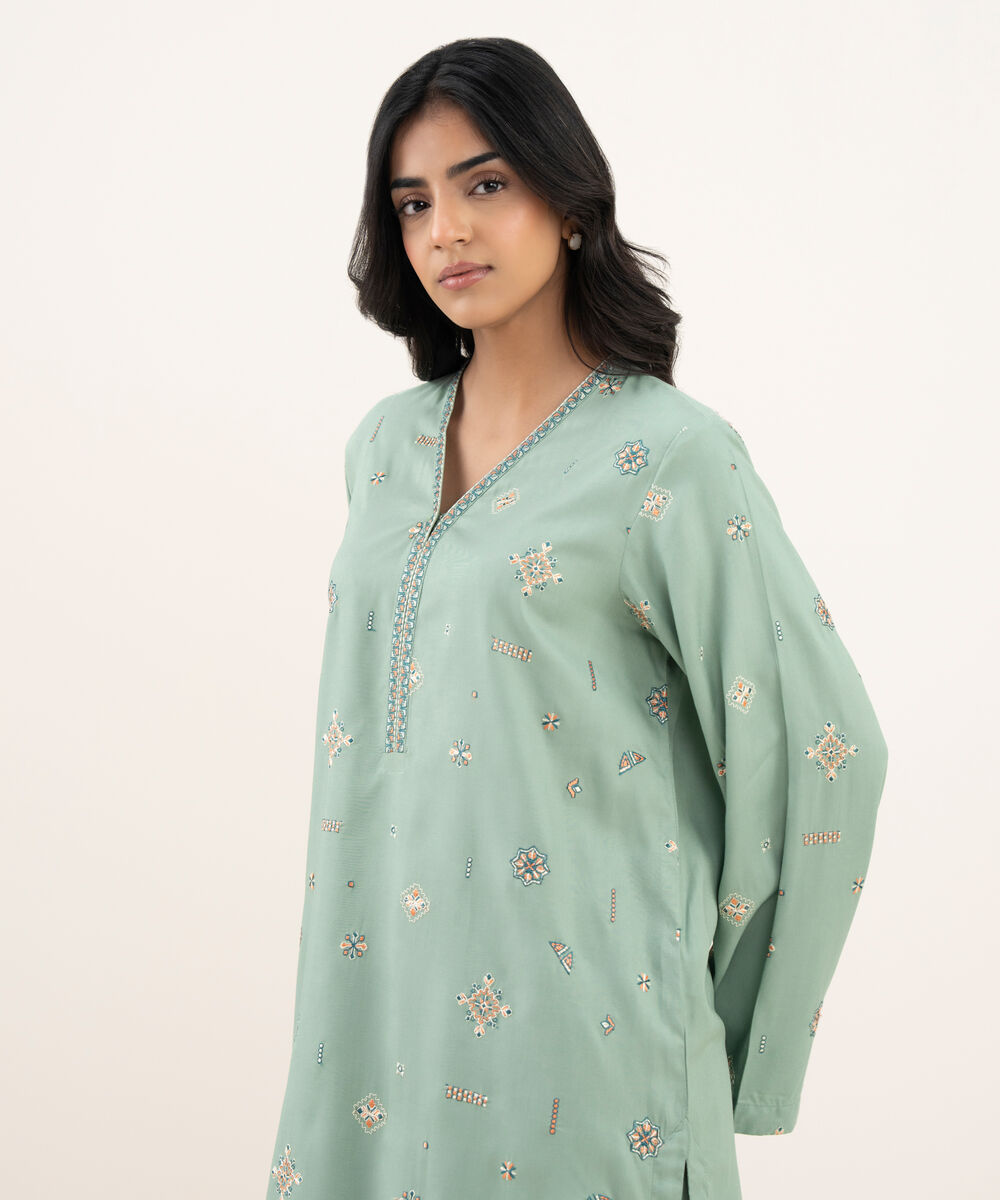 Women's RTW Khaddar Embroidered Straight Blue Shirt