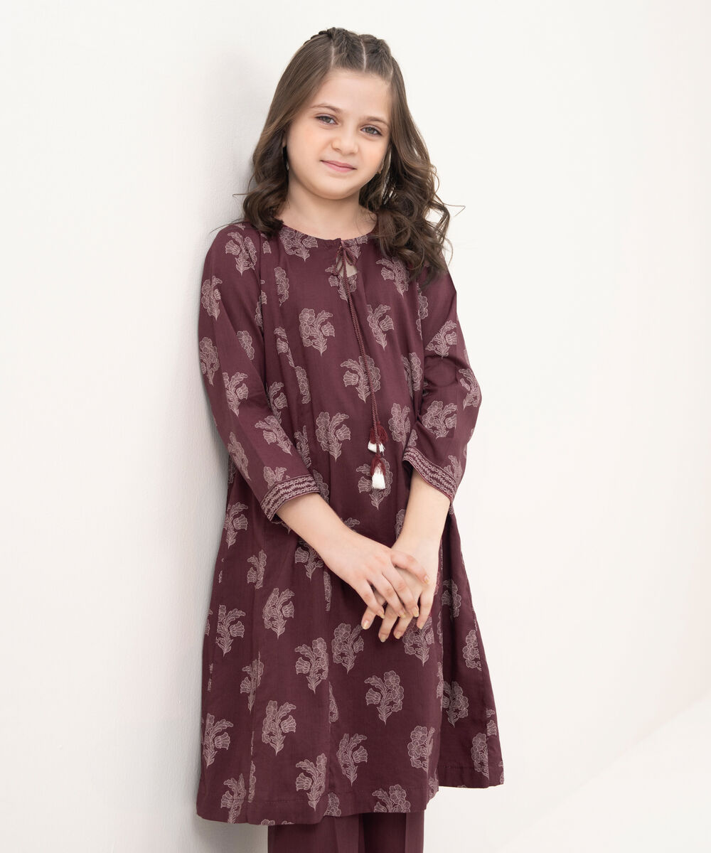 Girl's Cotton Viscose Printed Red 2 Piece Suit