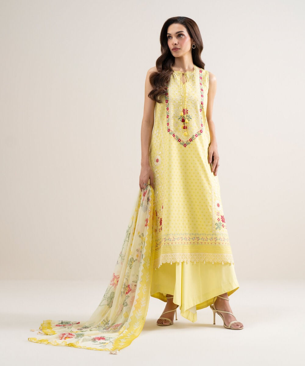 Women's Unstitched Lawn Embroidered Yellow  3 Piece Suit