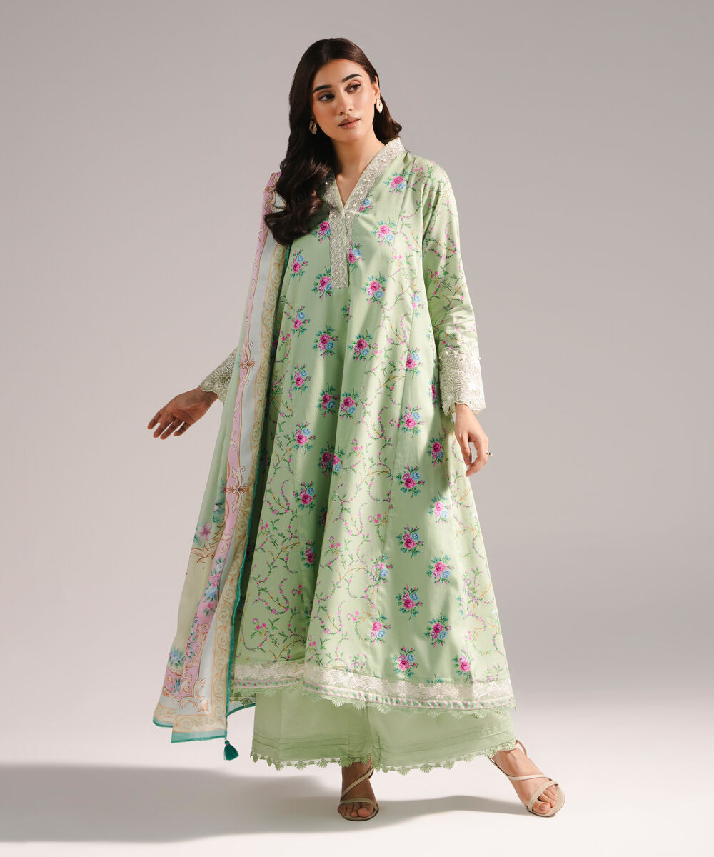 Women's RTW Cotton Satin Embroidered Mint Green 3 Piece Suit