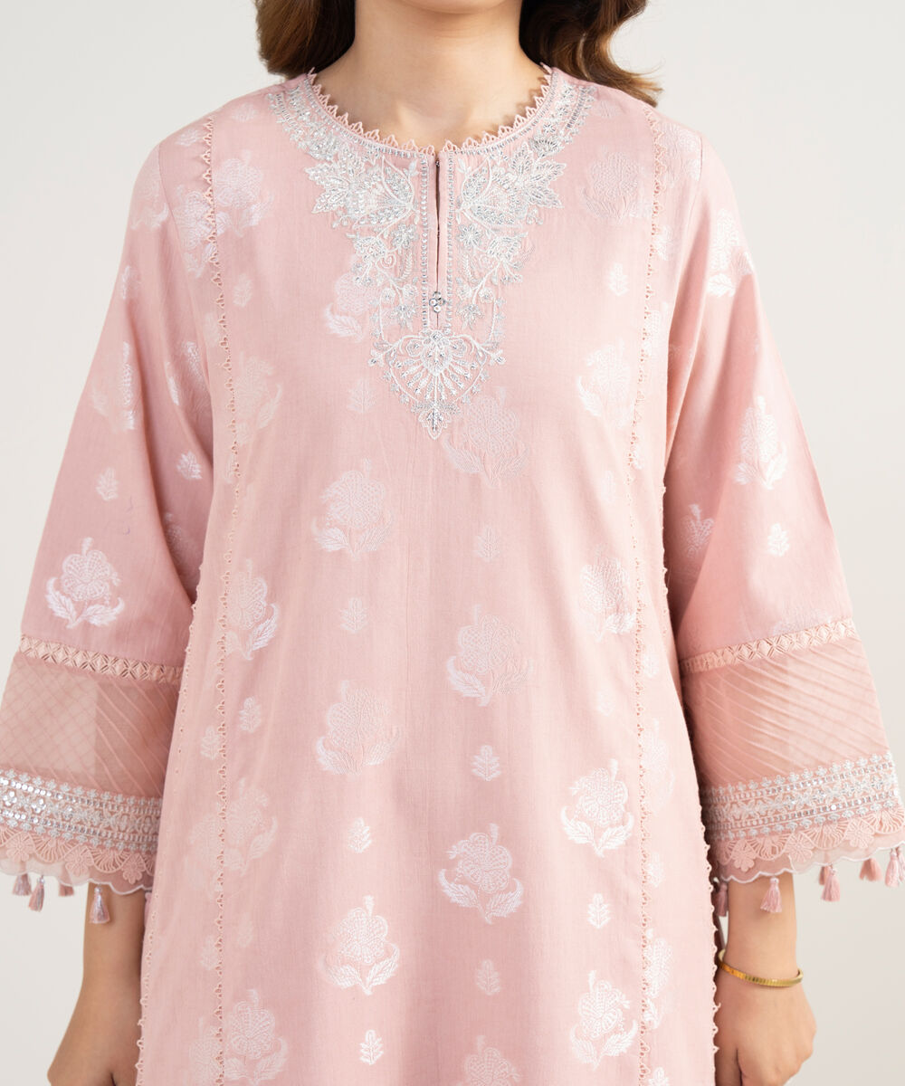 Women's Unstitched Extra Weft Jacquard Embroidered Pink 3 Piece Suit