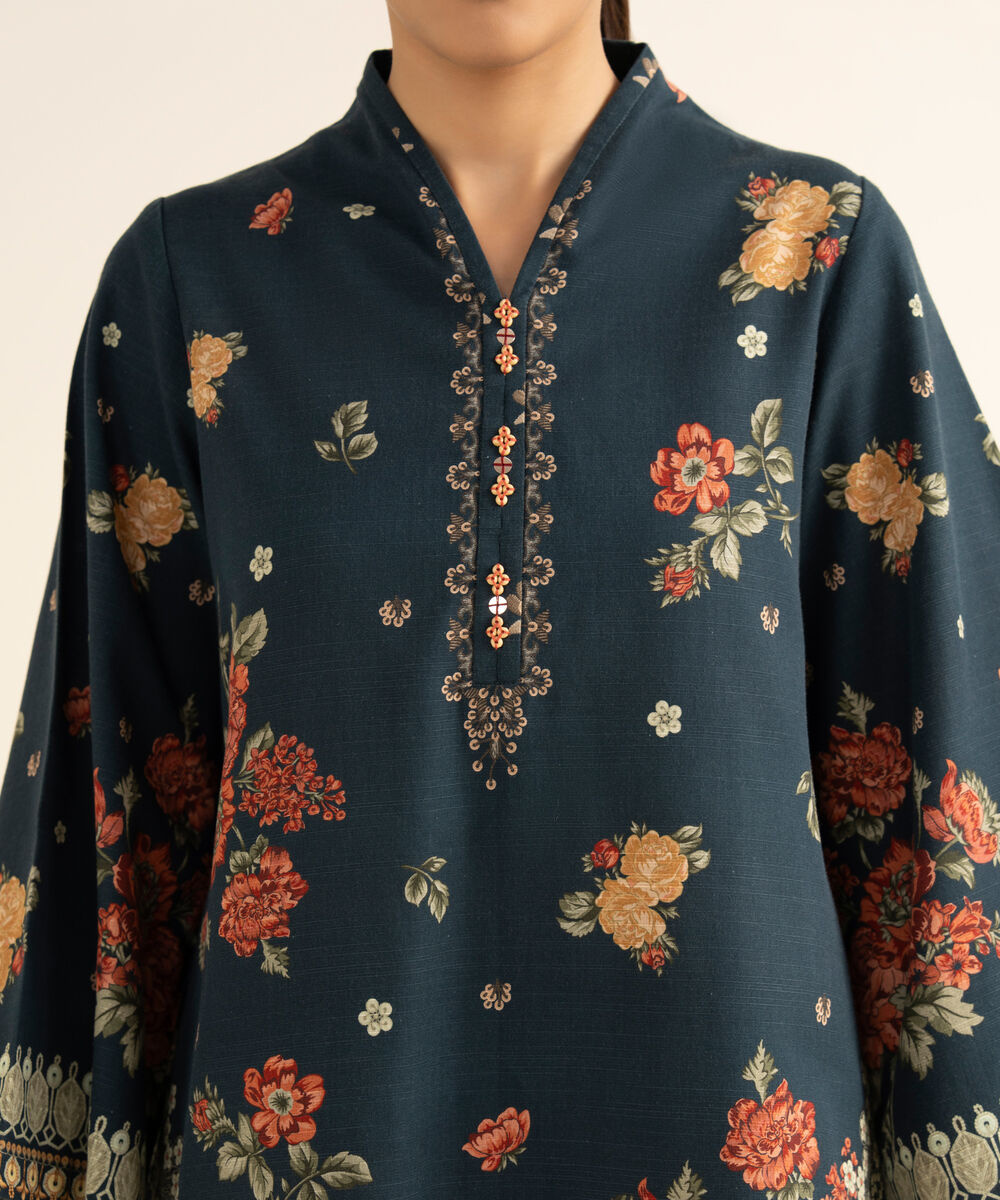 Women's Unstitched Light Khaddar Printed Blue 3 Piece Suit