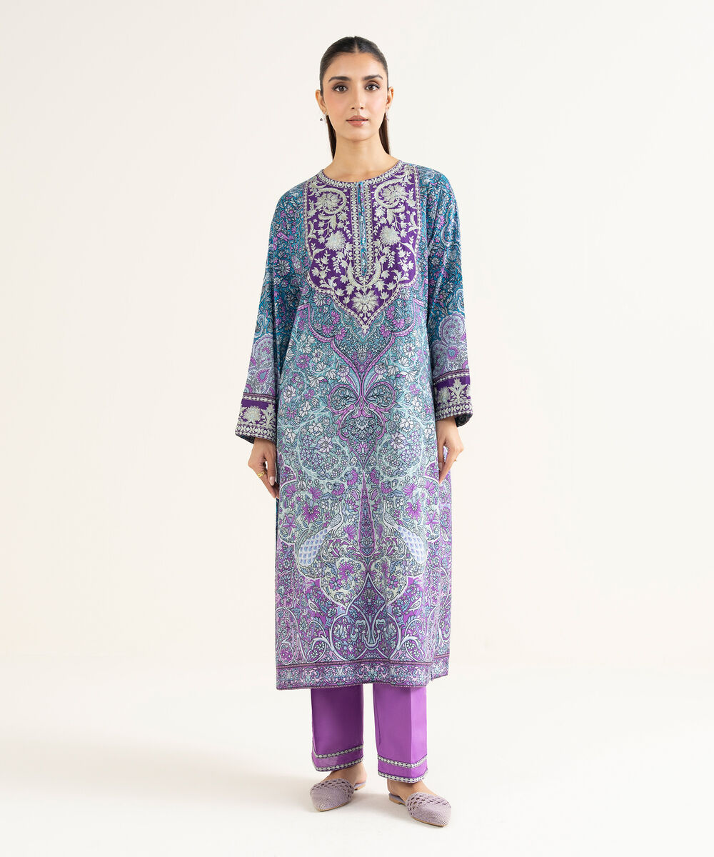 Women's RTW Linen Viscose Embroidered Blue A-Line Shirt