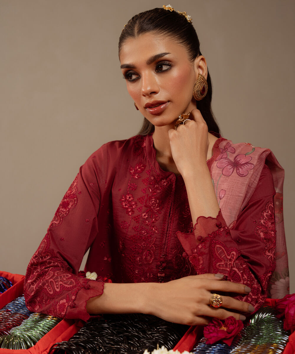 Women's Unstitched Textured Lawn Red Embroidered 3 Piece Suit