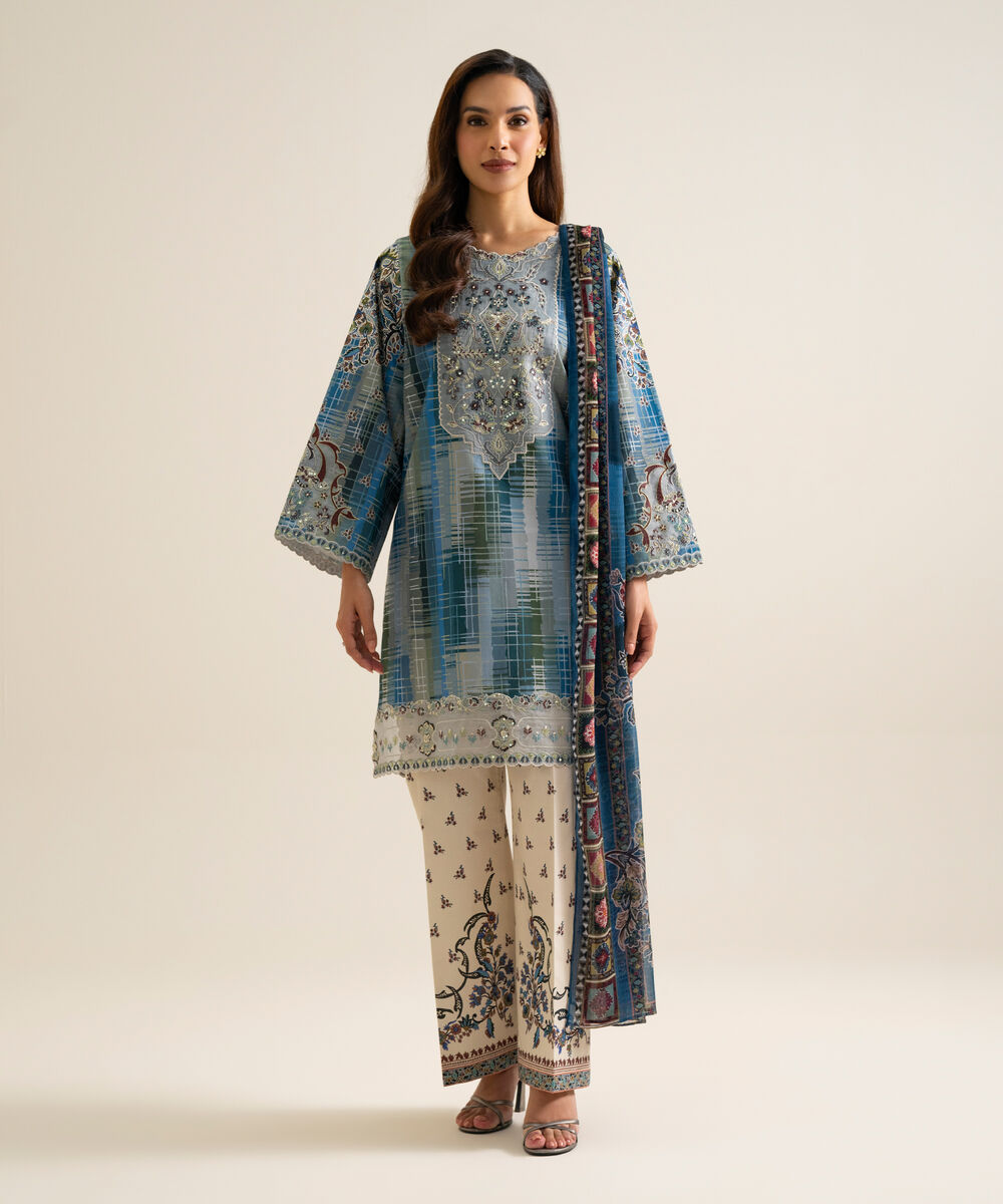 Women's Unstitched Blended Chiffon Printed Black 3 Piece Suit