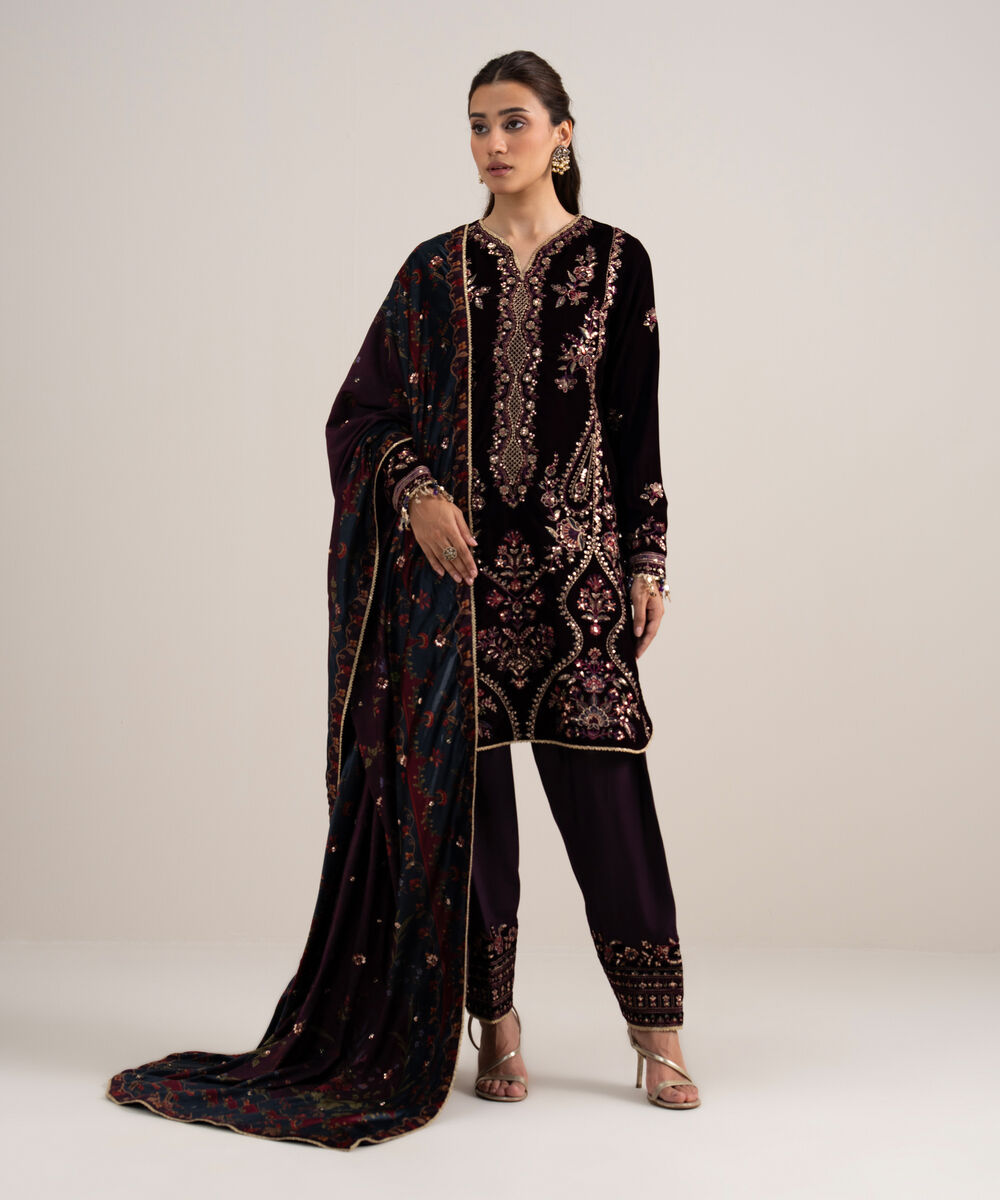 Women's Unstitched Embroidered Velvet Red 3 Piece Suit