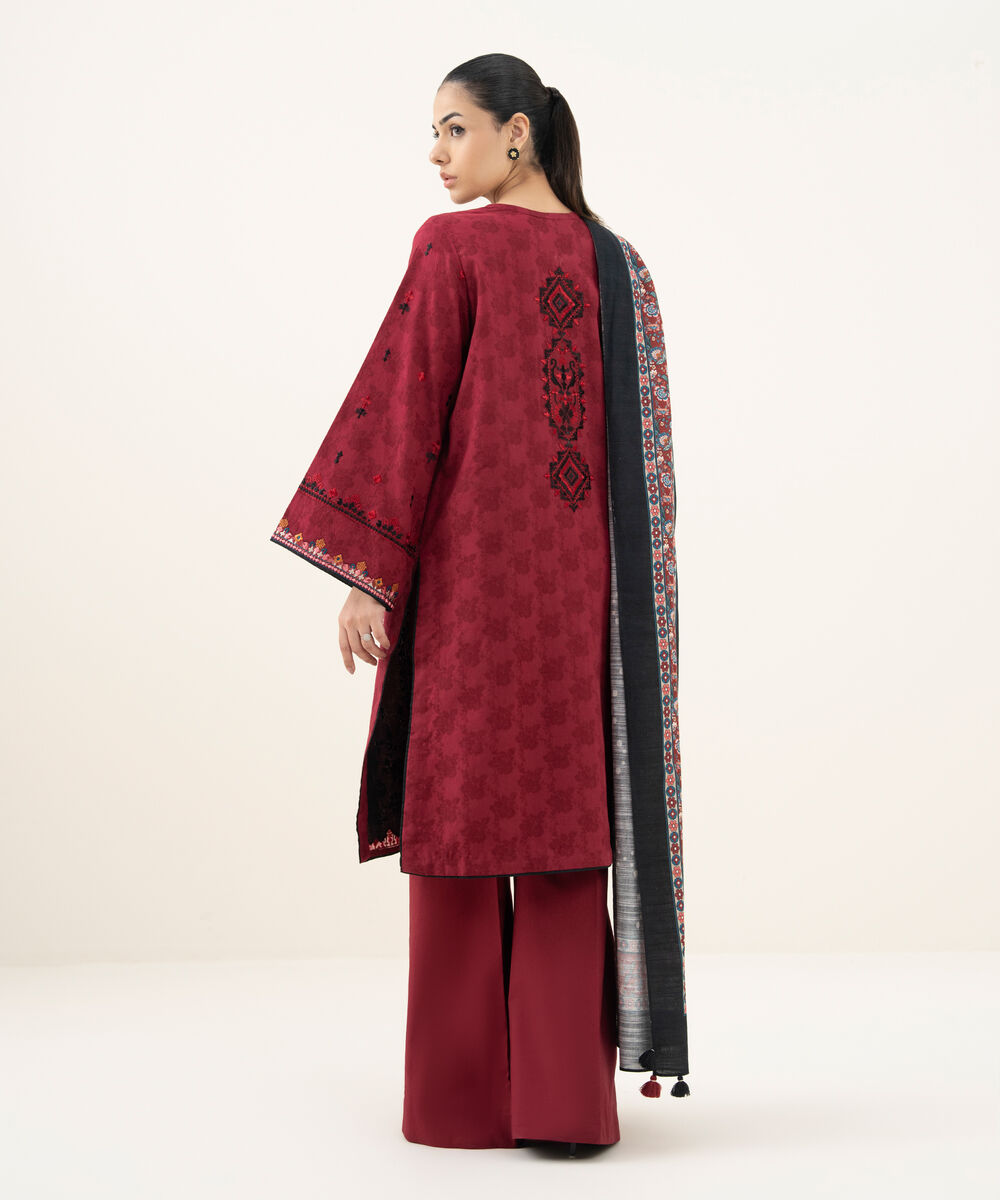 Women's Unstitched Embroidered Cotton Jacquard Red 3 Piece Suit