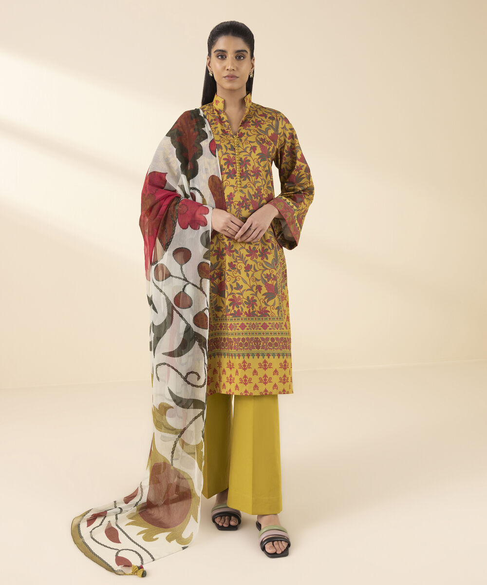 Unstitched Women's Yellow Lawn 3 Piece Suit
