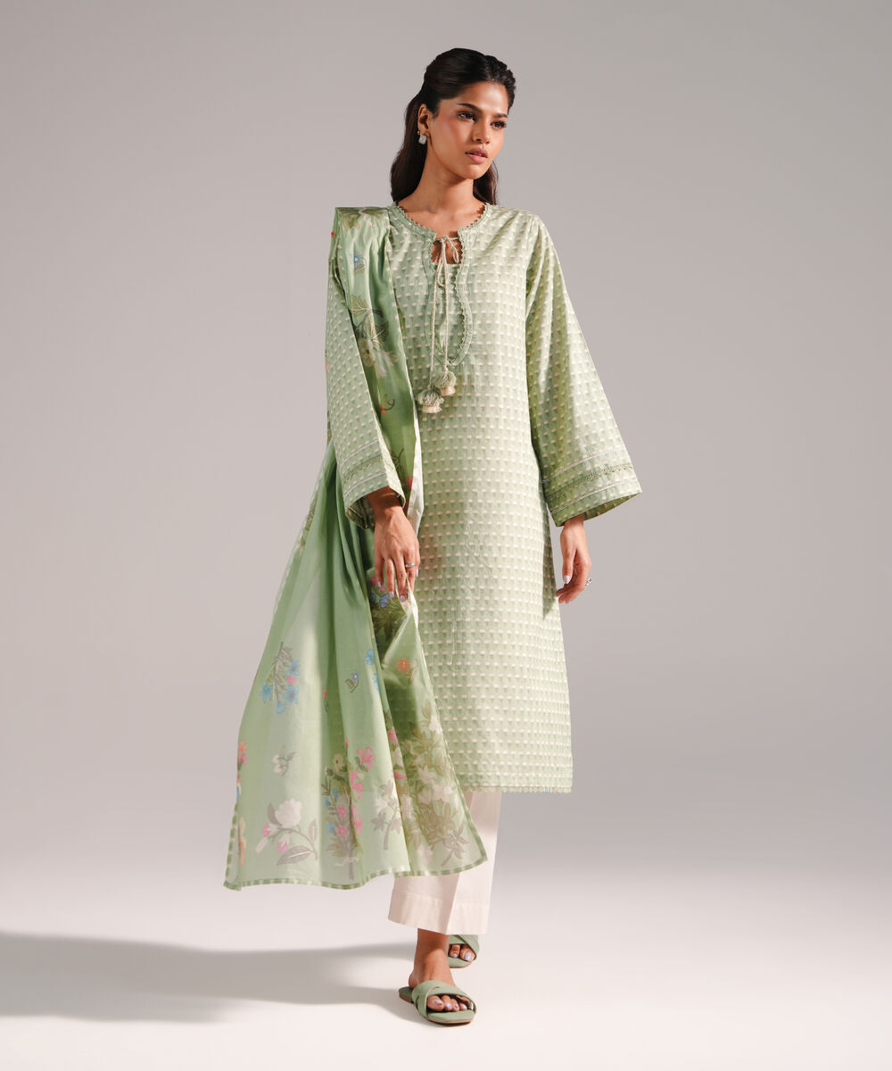 Women's RTW Dobby Printed Green 2 Piece Suit