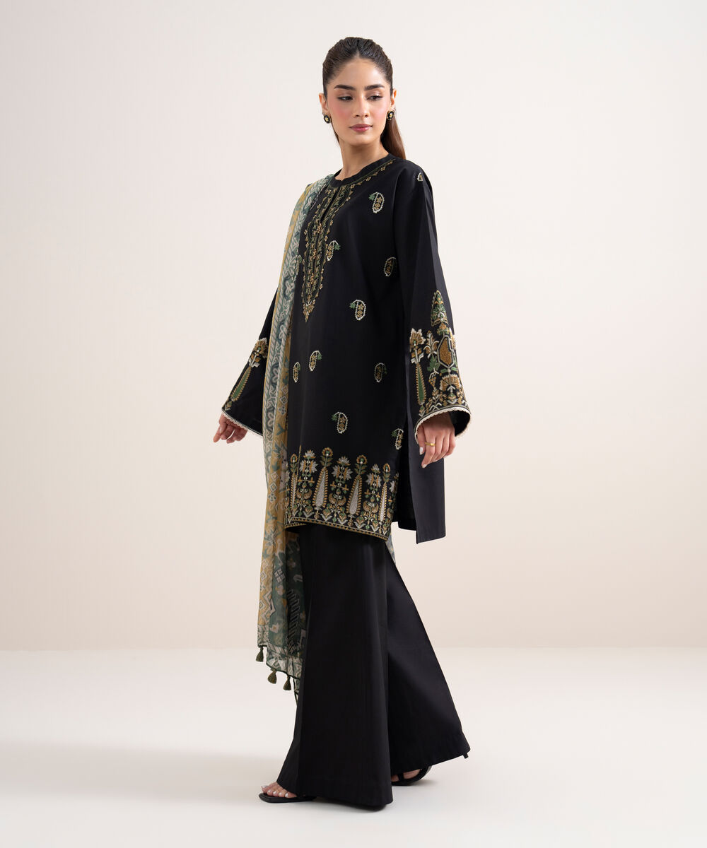 Women's Unstitched Dobby Embroidered Black 3 Piece Suit