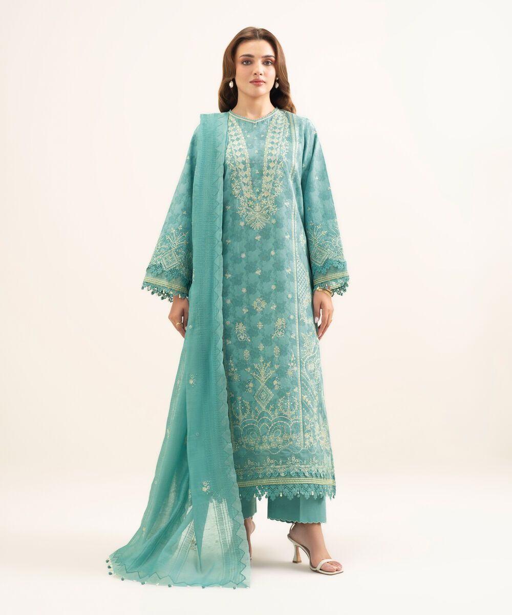 Women's Unstitched Cotton Jacquard Embroidered Blue 3 Piece Suit