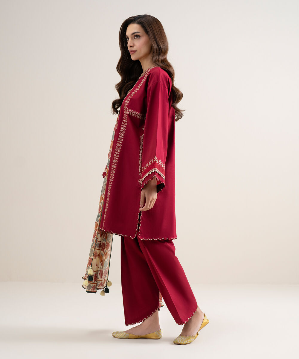 Women's Unstitched Lawn Embroidered Red 3 Piece Suit