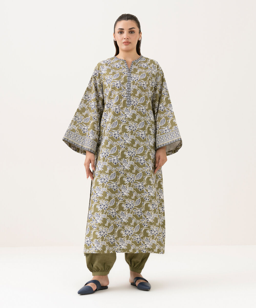 Women's Unstitched Cotton Printed Green 2 Piece Suit