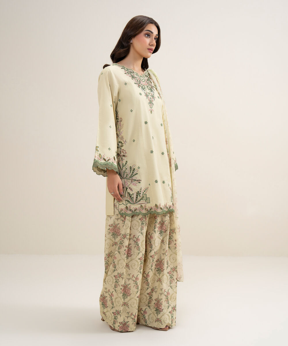 Women's Unstitched Lawn Embroidered Beige 3 Piece Suit