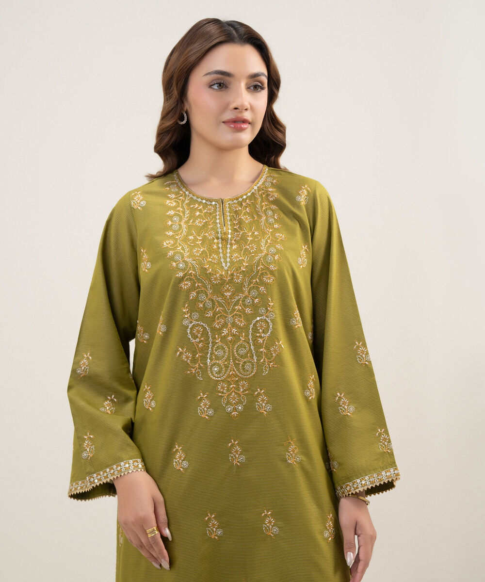 Women's RTW Zari Lawn Embroidered Green Straight Shirt