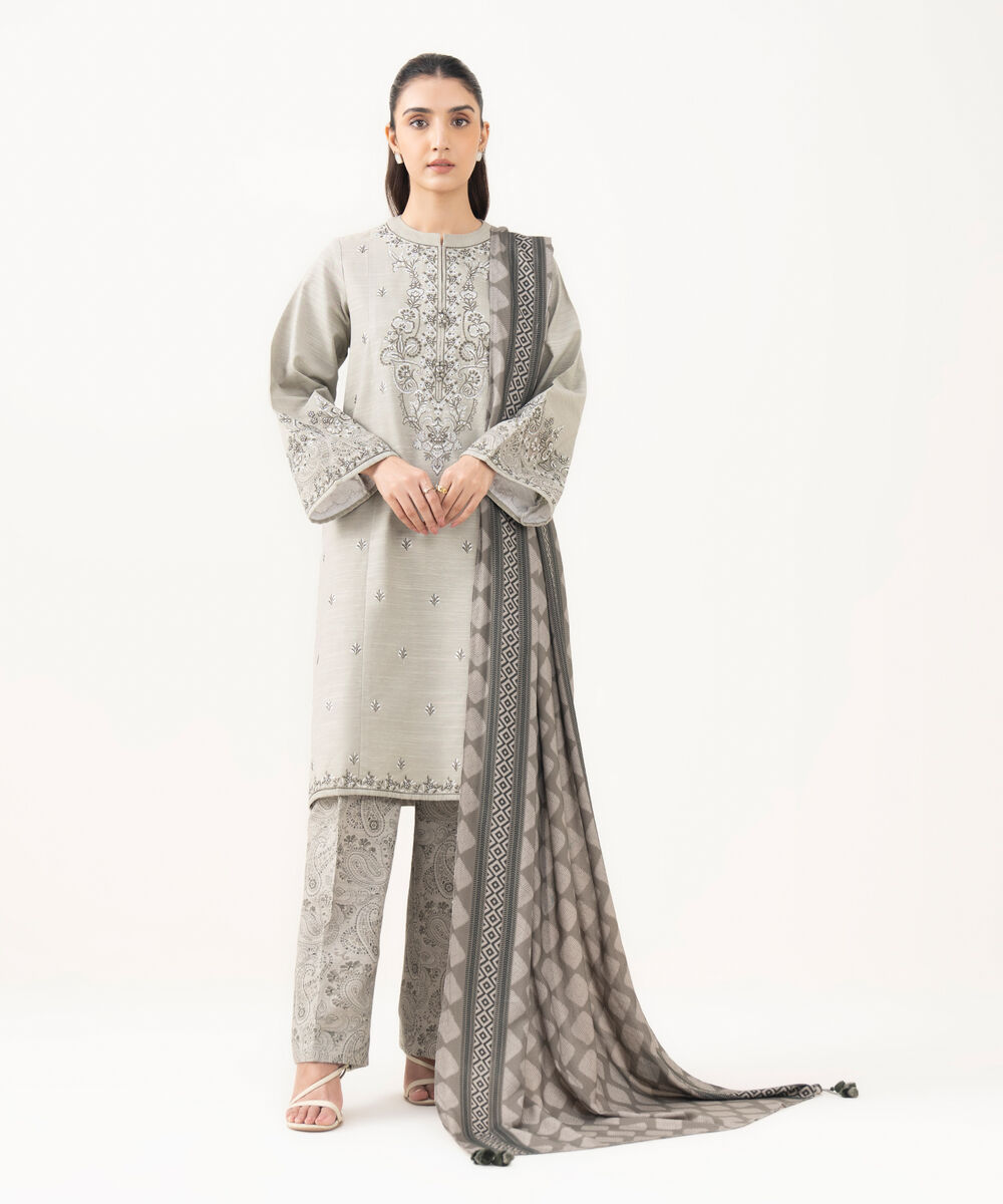 Women's Unstitched Khaddar Embroidered Grey 3 Piece Suit