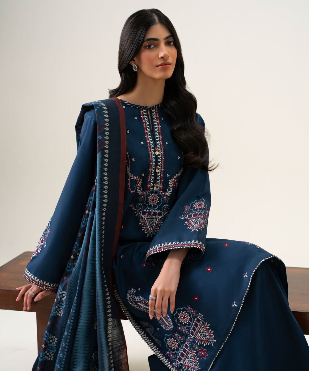 Womens Unstitched Light Khaddar Embroidered Dark Blue 3 Piece Suit