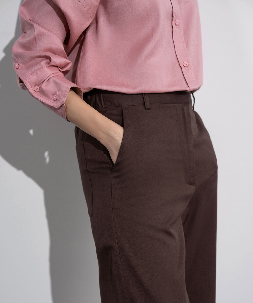 Women's Western Wear Maroon Straight Fit Linen Blend Trousers