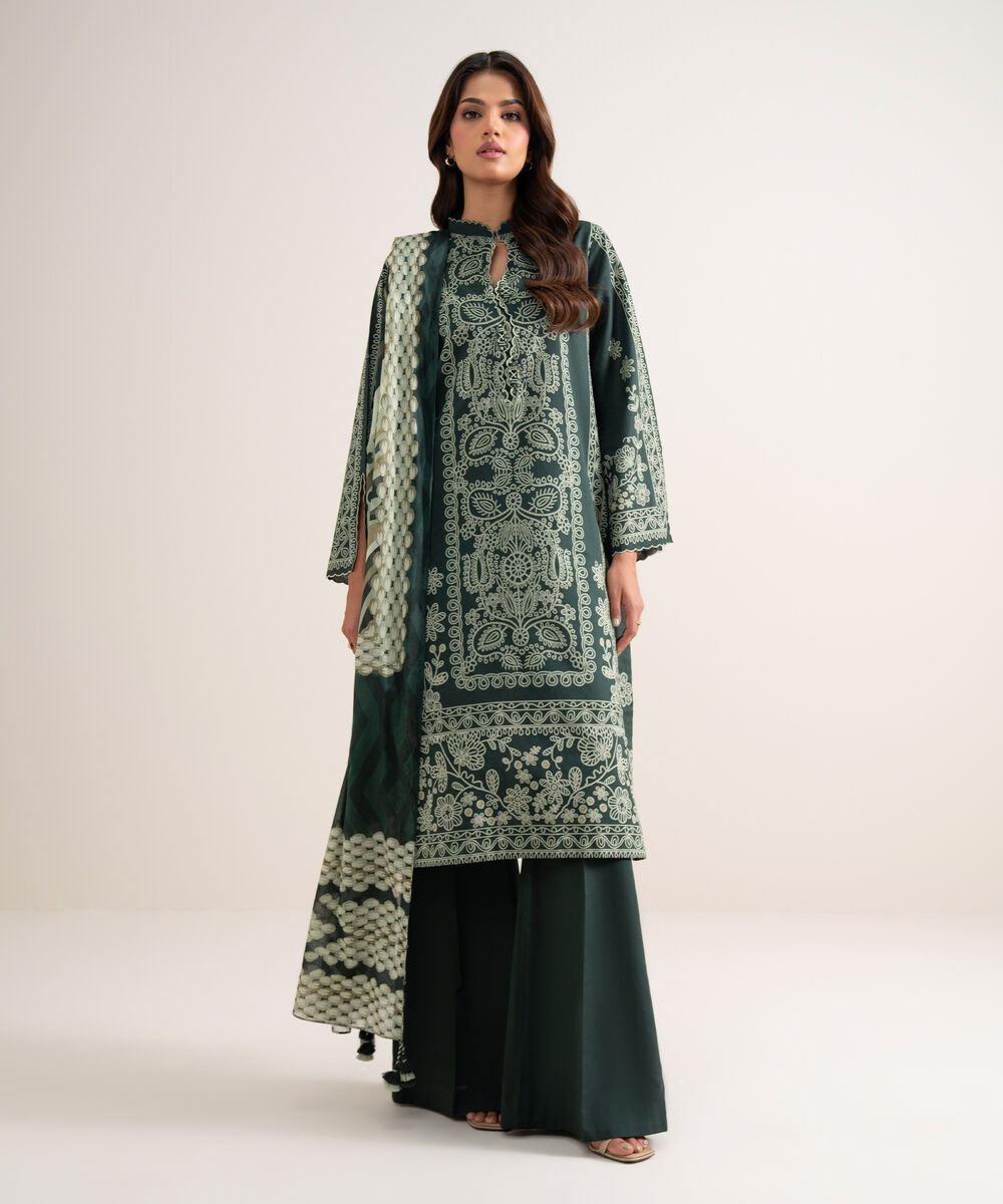 Women's Unstitched Printed Lawn Green 3 Piece Suit