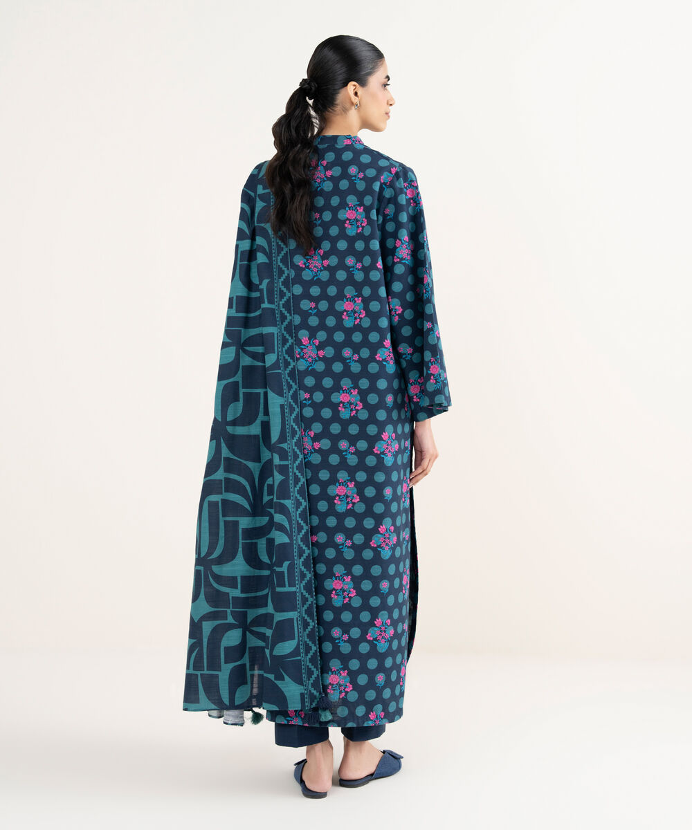 Women's Unstitched Printed Khaddar Mid Night Blue and Teal 3 Piece Suit