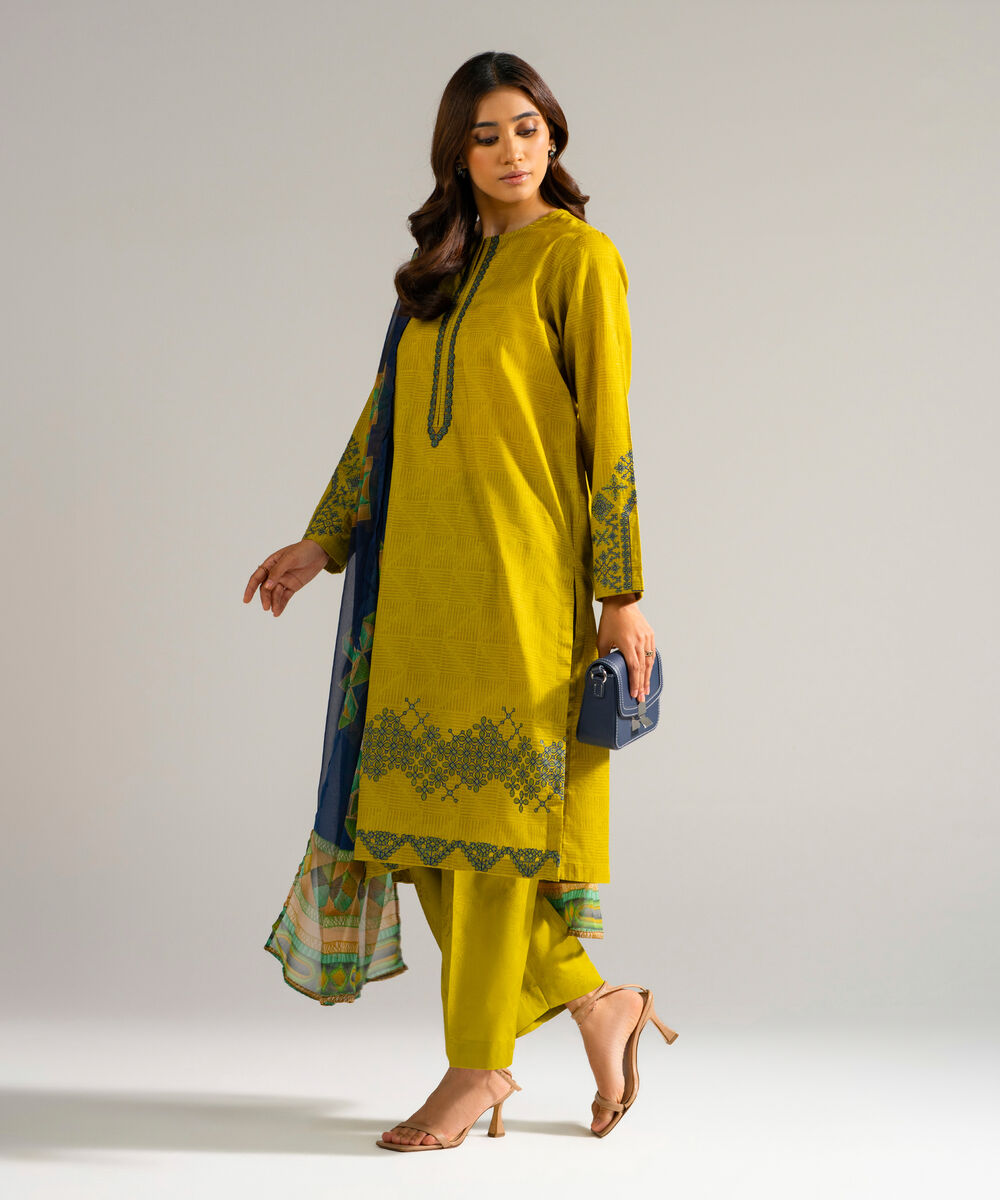 Women's RTW Self Jacquard Embroidered Green 3 Piece Suit