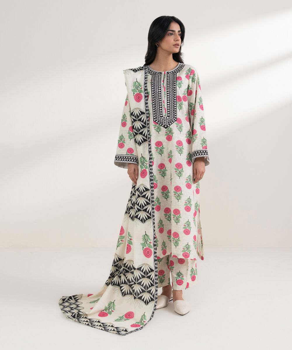 Women's RTW Light Khaddar Embroidered Off White Straight Shirt