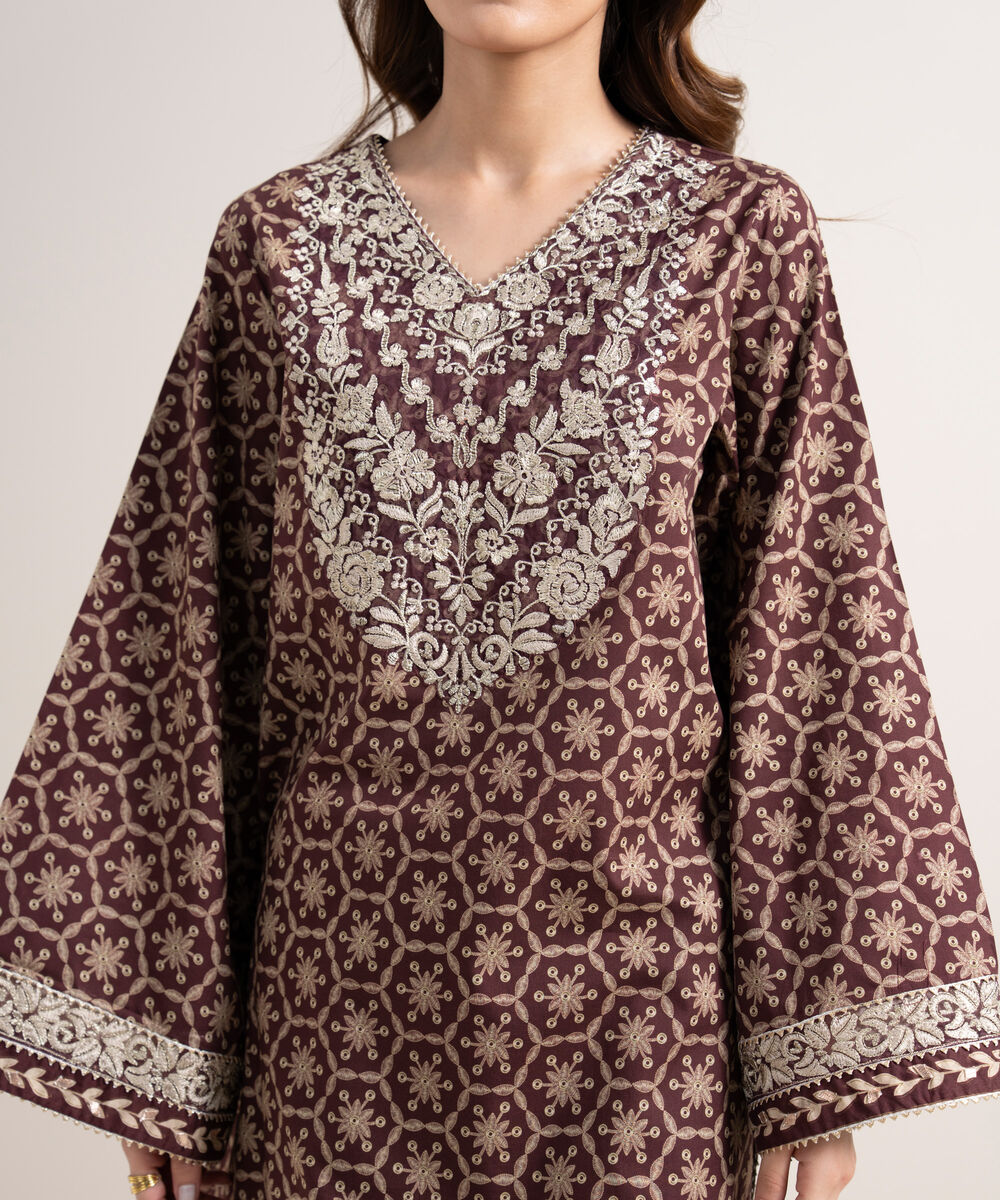 Women's Unstitched Lawn Embroidered Brown 3 Piece Suit