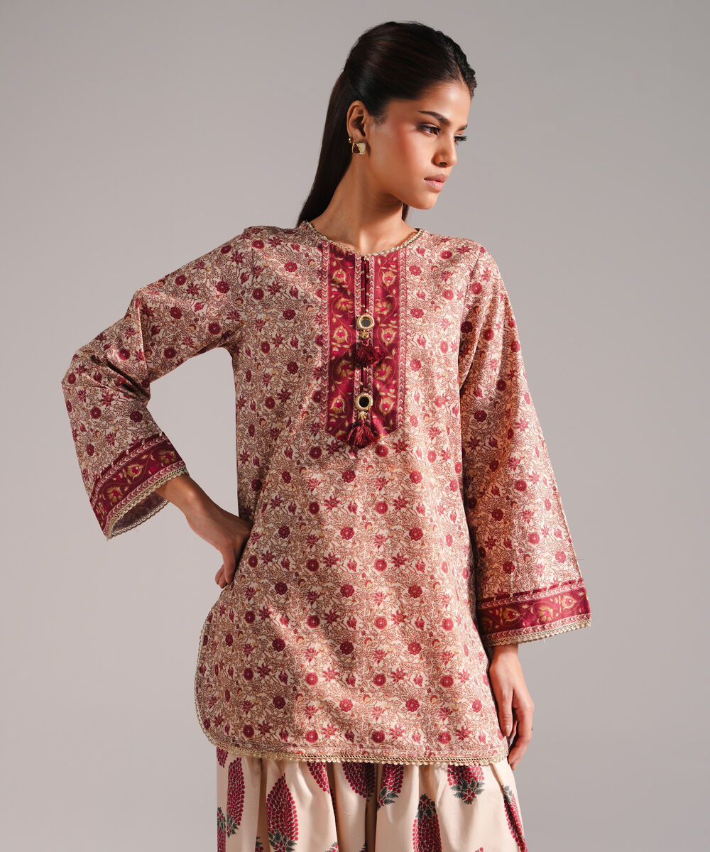 Women's RTW Textured Lawn Printed Beige 2 Piece Suit