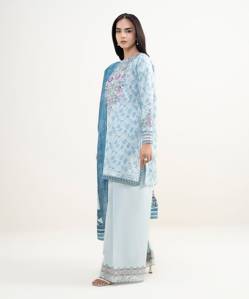 Women's Unstitched Lawn Embroidered Blue 3 Piece Suit