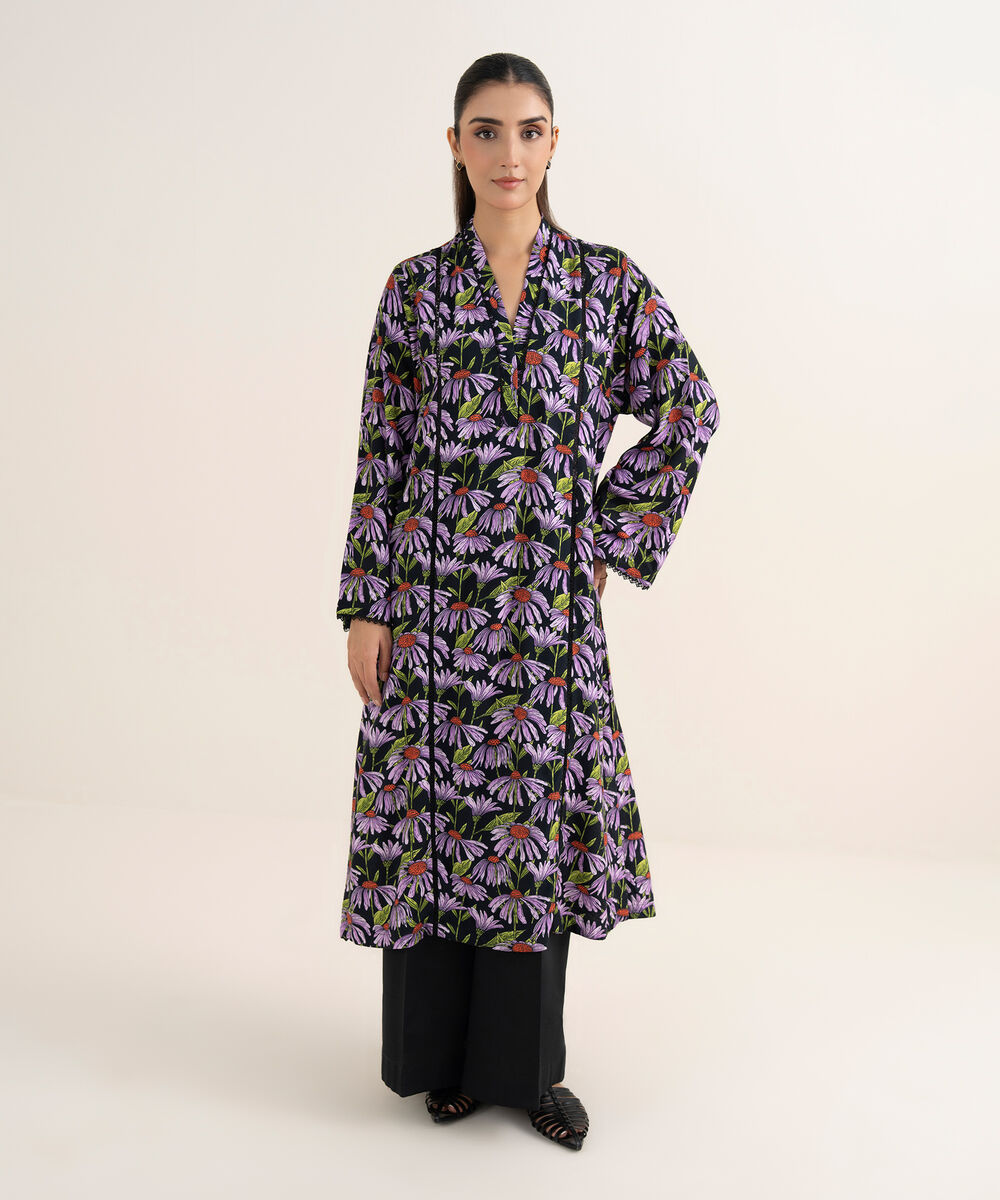 Women's RTW Herringbone Printed Black A-Line Shirt