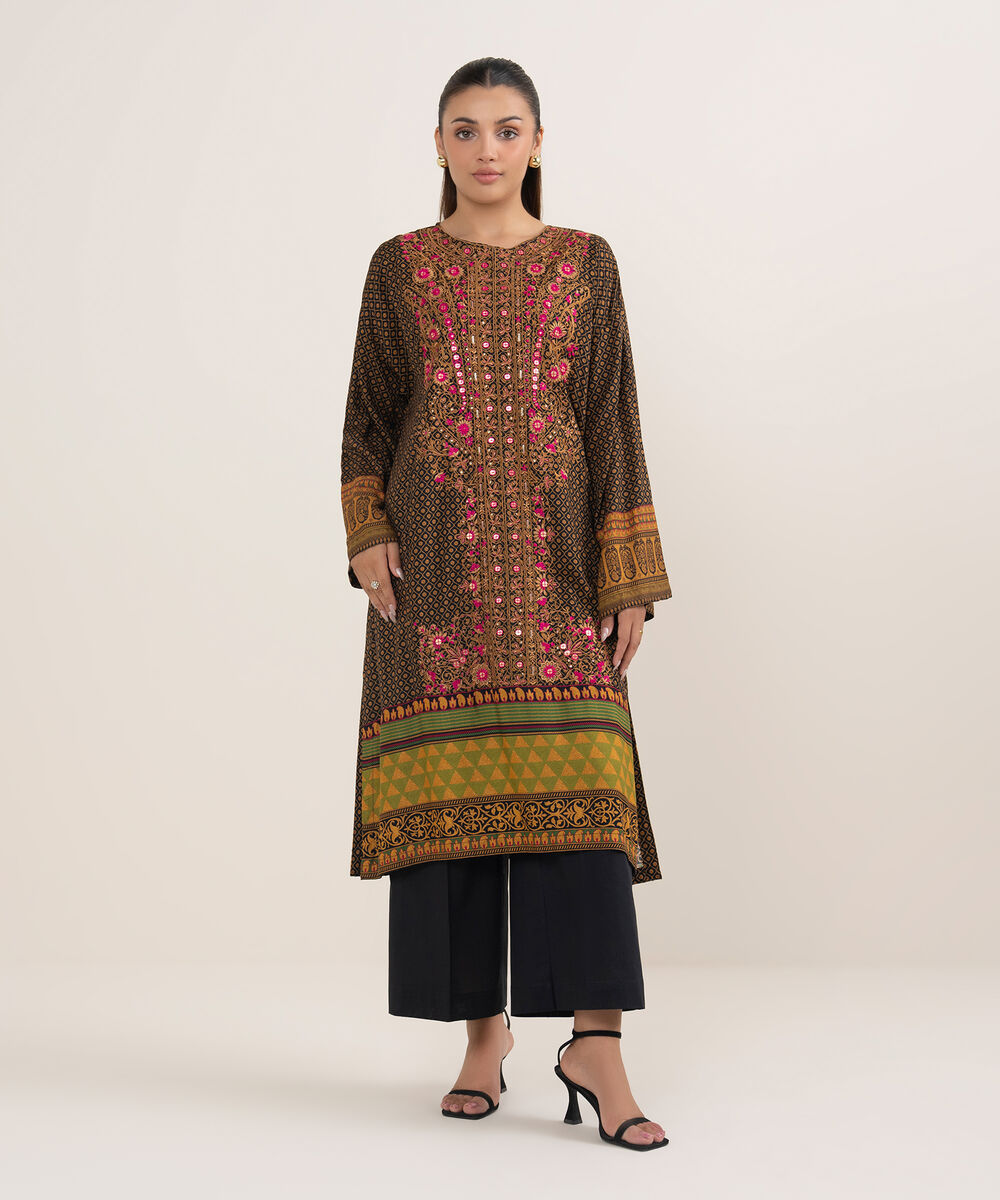 Women's RTW Arabic Lawn Black Printed Drop Shoulder Shirt
