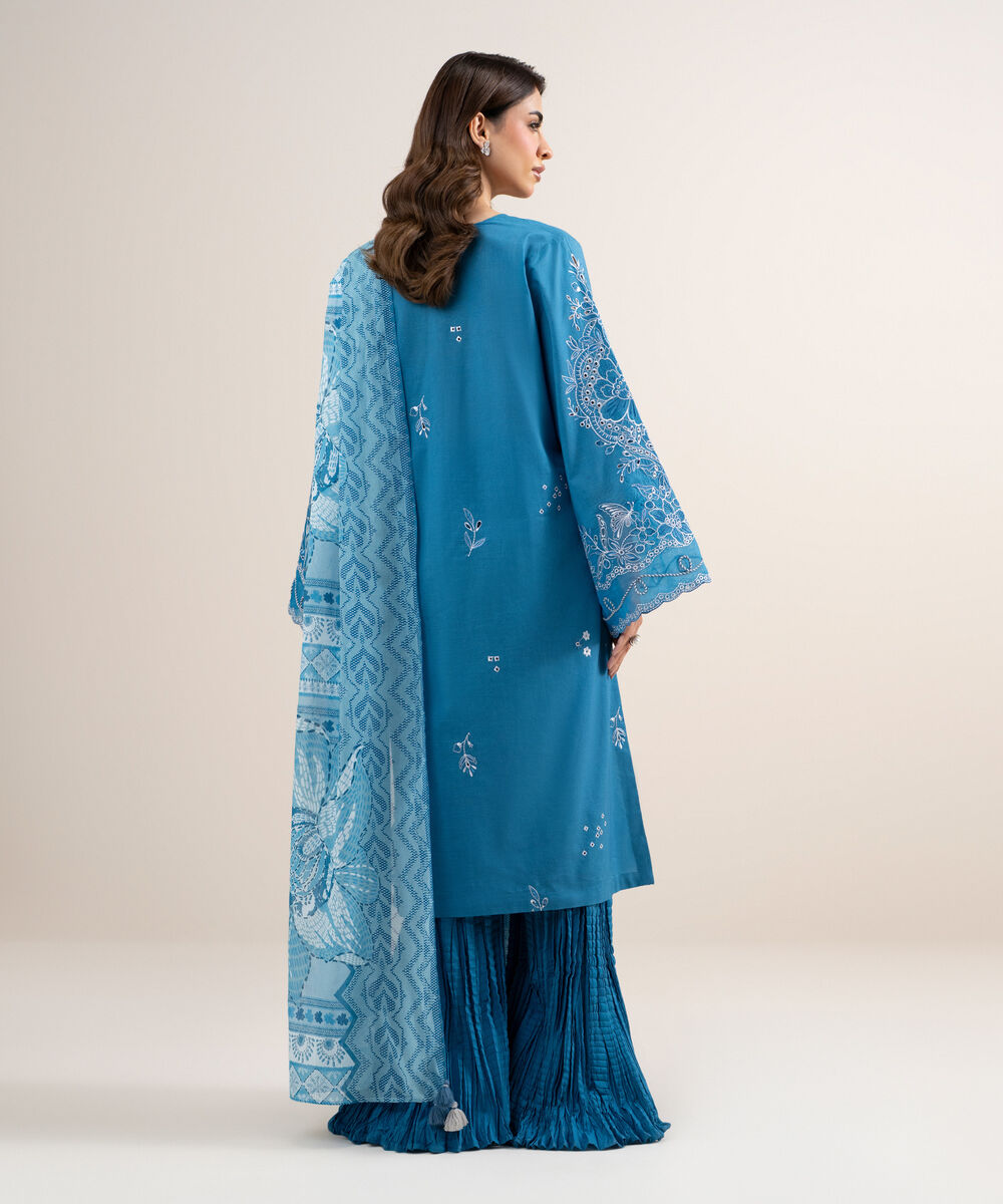 Women's Unstitched Textured Lawn Embroidered Blue 3 Piece Suit