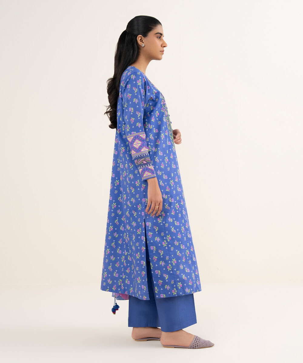 Women's Unstitched Textured Lawn Embroidered Blue 3 Piece Suit
