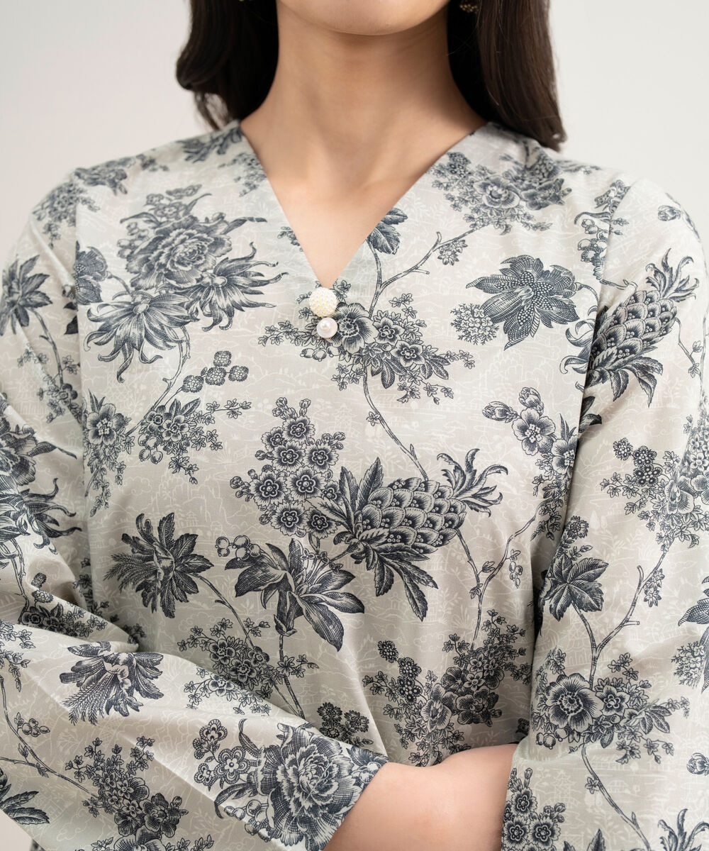 Women's RTW Cambric Printed Grey Straight Shirt