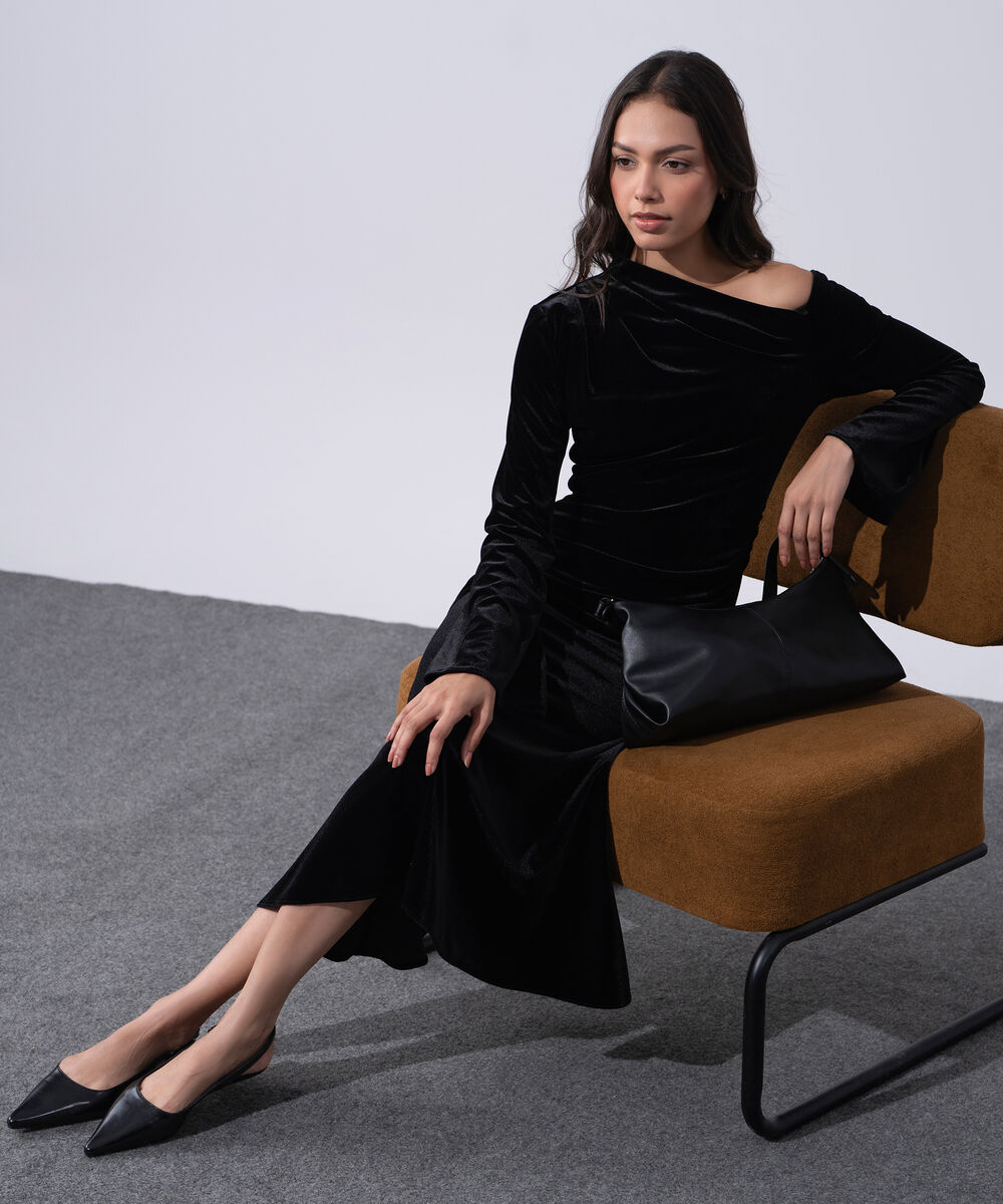 Women's Western Wear Black Polyester Velvet Off-Shoulder Dress