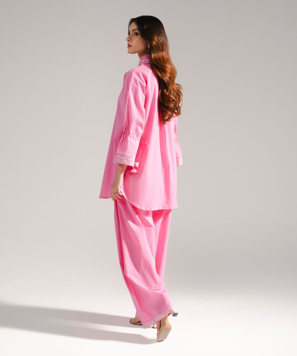 Women's RTW Seersucker Embroidered Straight Pink Shirt