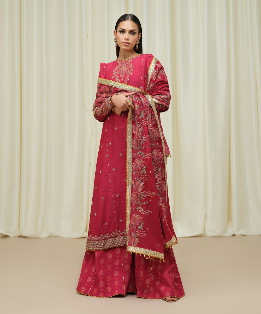 Women's Unstitched Raw Silk Embroidered Red 3 Piece Suit