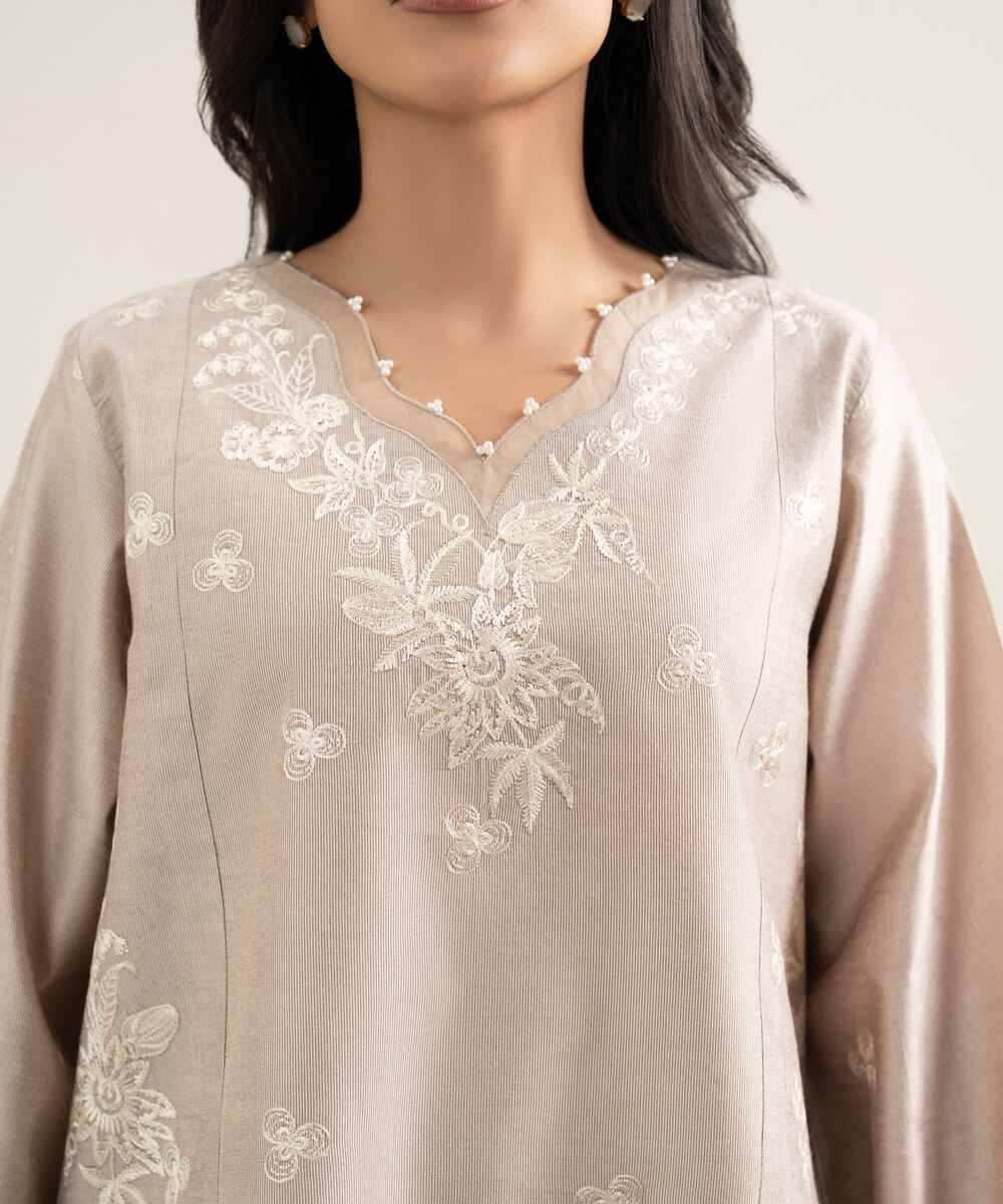 Women's RTW Silk Cotton Net Embroidered Beige 2 Piece Suit