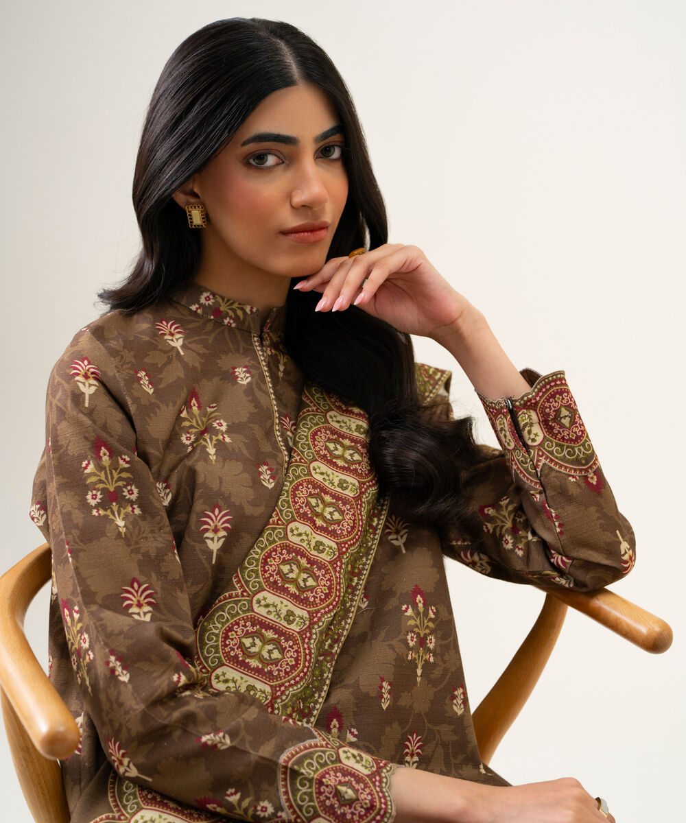 Womens Unstitched Light Khaddar Printed Brown 3 Piece Suit