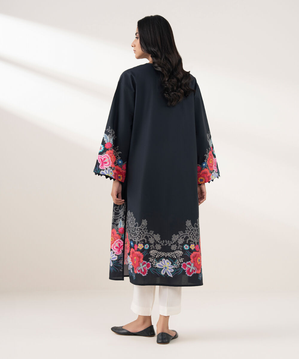 Women's RTW Cotton Printed A-Line Black Shirt