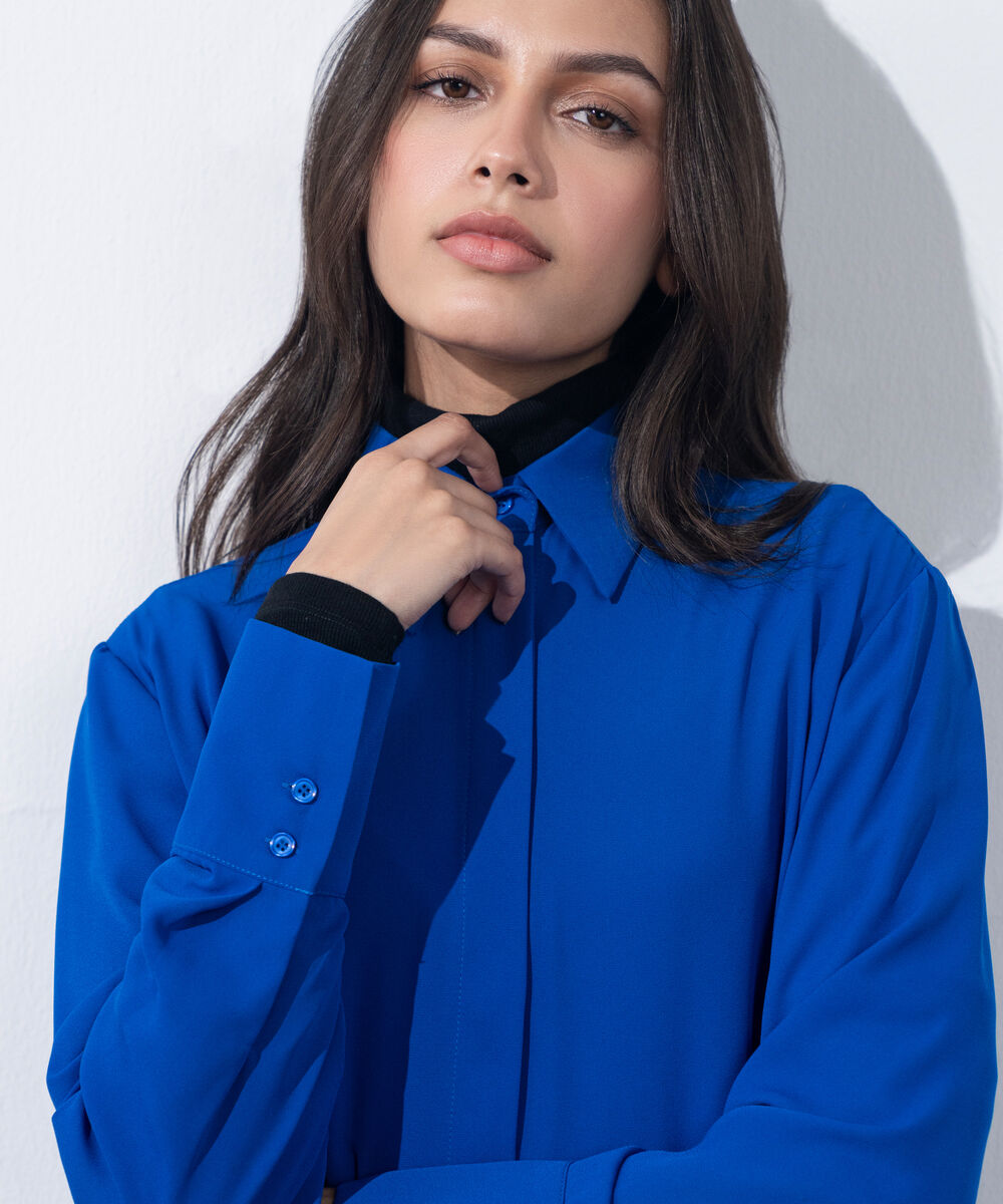 Women's Western Wear Blue Button Through Sheer Shirt